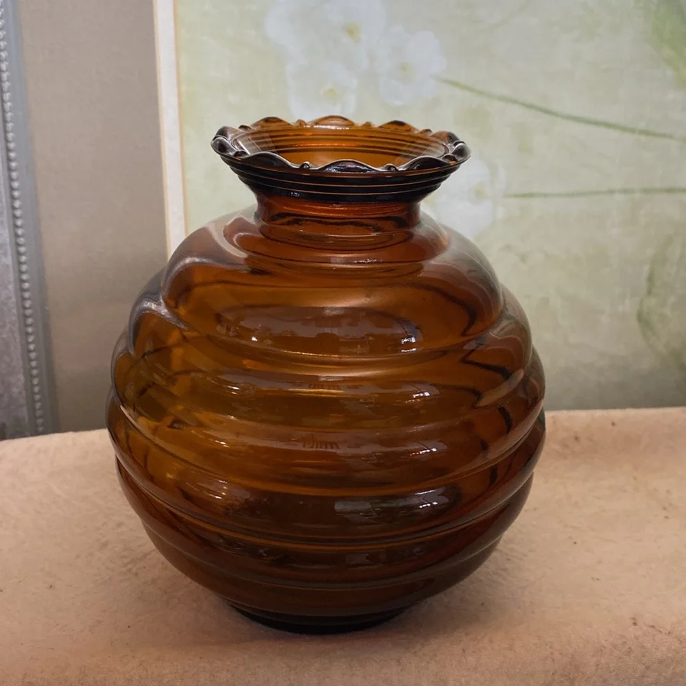 Vintage Amber Glass Ribbed Round Vase USA Vanity Jar 4.5
